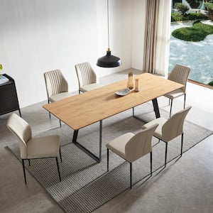 7-Piece Set of White Chairs and  Oak Rectangular Retractable Dining Table with Carbon Steel Legs and 6 Modern Chairs