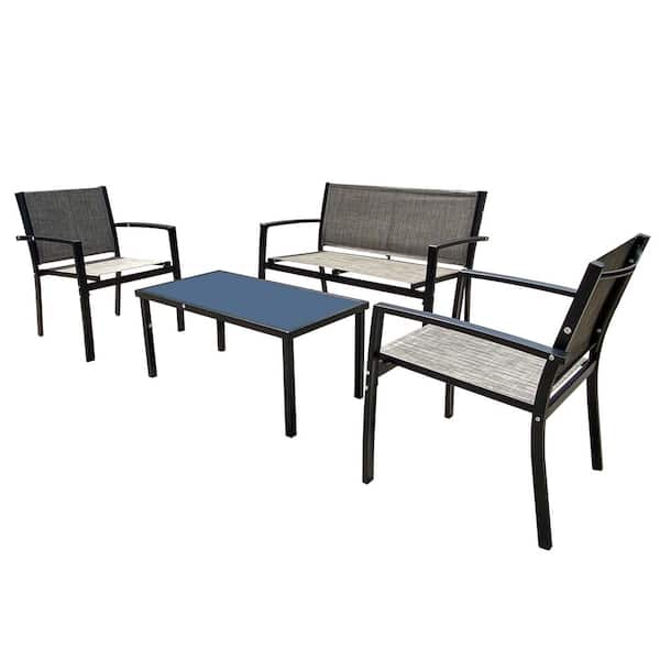 Zeus & Ruta Grey 4-Piece Metal Patio Conversation Sets Poolside Lawn Chairs with Tempered Glass Coffee Table
