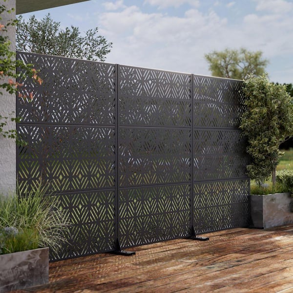 6 ft. x 4 ft. Privacy Fence Screen Black Galvanized Metal for Garden Fence in Geometric Pattern