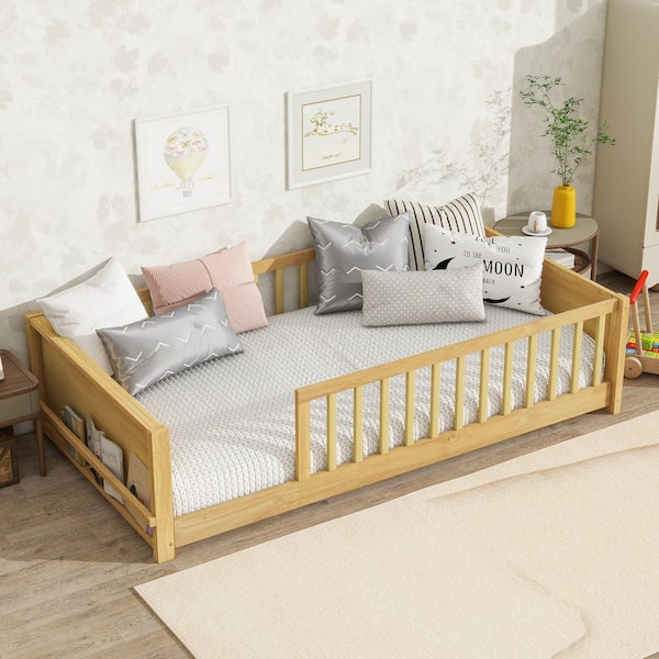 Harper & Bright Designs Natural Wood Frame Twin Size Floor Platform Bed with Book Storage Rack and Guardrails