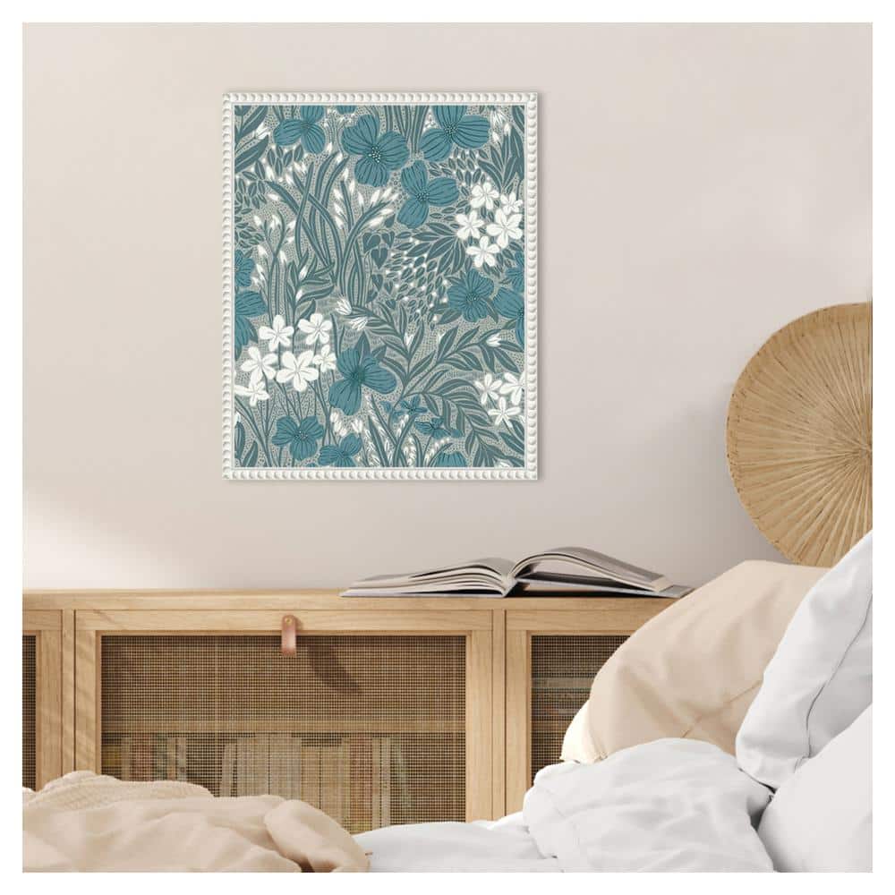 Teal and White Floral Botanical Canvas Wall Art with White Frame, 16x20