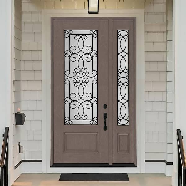 Regency 53 in. x 96 in. 3/4Lite Georgian Decorative Glass LHIS Ashwood Mahogany Fiberglass Prehung Front Door 14in.SL