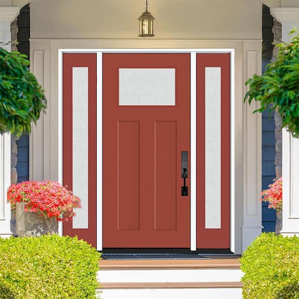 Legacy 68 in. x 80 in. 1/4 Toplite Rain Glass LHIS Primed MoroccoRed Finish Fiberglass Prehung Front Door w/Dbl 14 in.SL