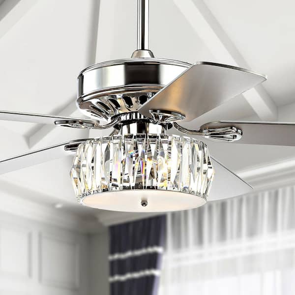 JONATHAN Y Mandy 52 in. Chrome 3-Light Crystal Prism Drum LED Ceiling Fan with Light and Remote