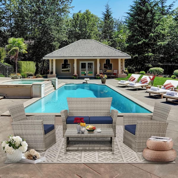 LAUREL CANYON Classic Gray 4Piece Wicker Patio Conversation Set with Navy Cushions Wic4pcsGray