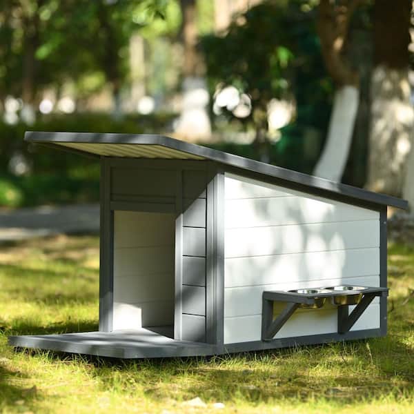 Outdoor Solid Wood Dog House with Food Bowl and 4-Swivel Wheels for Small Dogs, Gray White