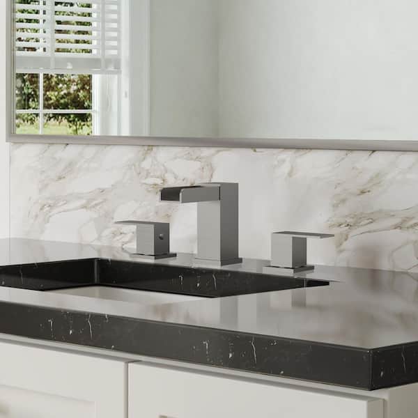 3-Hole  Waterfall Open Spout 8 in. Widespread 2-Handle Bathroom Faucet in Brushed Nickel Pop-Up Drain Included