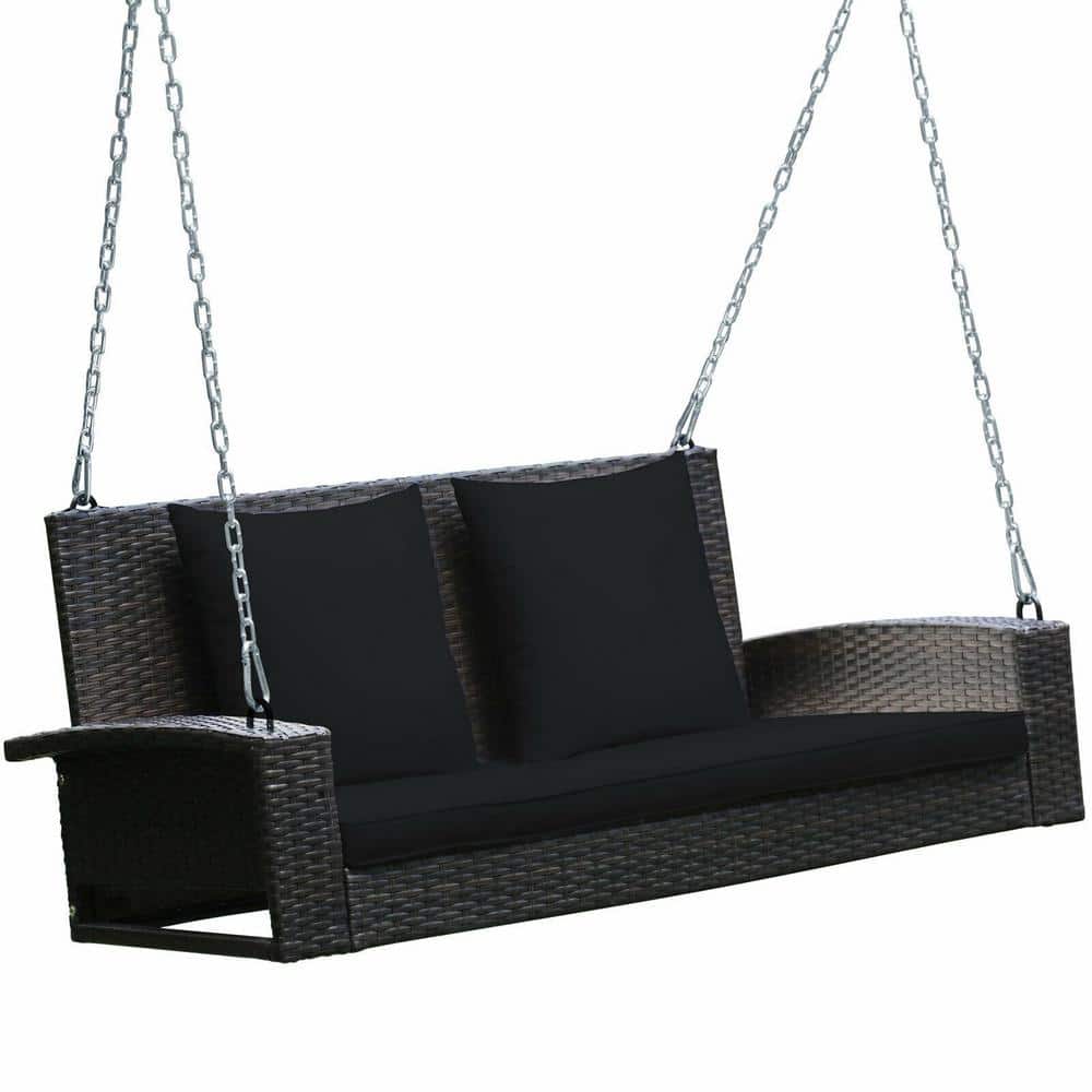 Black Wicker 2-Person Patio Swing with Cushions