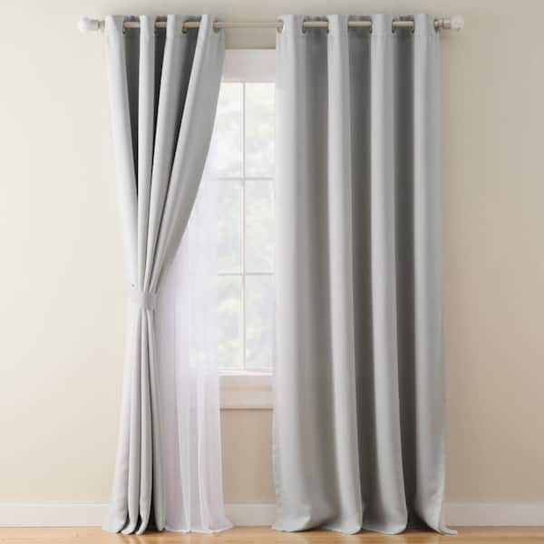 Oslo Double Layer Room Darkening and Sheer Grey Sateen 52 in. x 96 in. Grommet Top Indoor Curtain Panel Set (Set of 2)