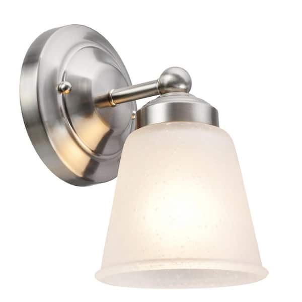 1-Light Satin Nickel Vanity Light with Frosted Seeded Glass Shade