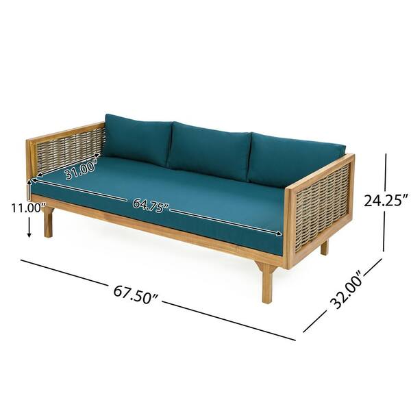 CHRISTOPHER KNIGHT HOME Clansent Outdoor Patio 3 Seater Daybed with Rattan Armrests and Teal Cushions Acacia Wood Frame Teak 114368