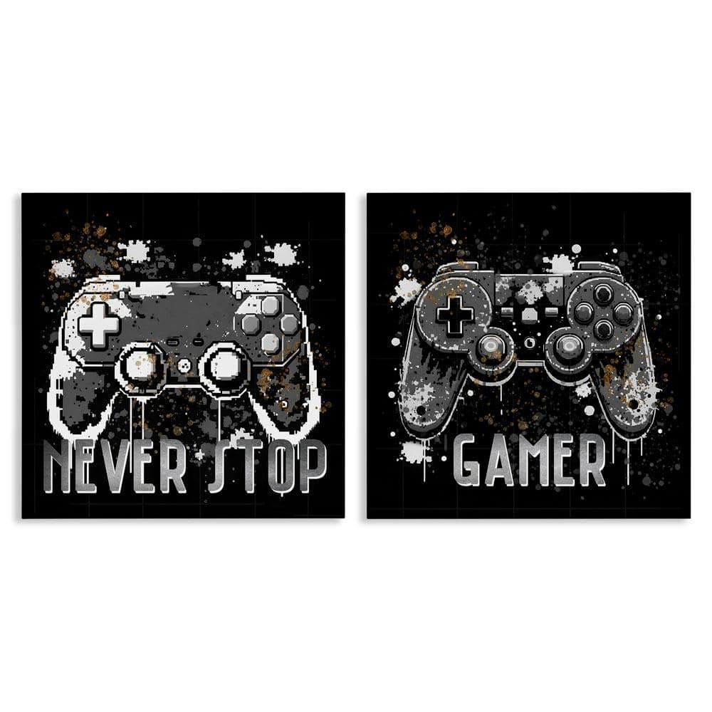 Never Stop Modern Gamer by Kim Allen 2 Pieces Unframed Typography Graphic Art Print 24 in. x 24 in.