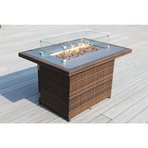 Ohana Mixed Brown Rectangular Wicker 42 in. Fire Pit Table with Lid Lava Rocks and Glass Wind Guard