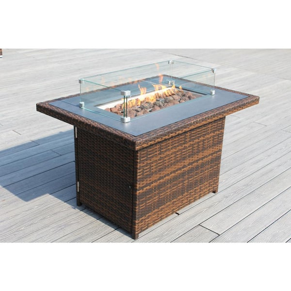 Ohana Depot Ohana Mixed Brown Rectangular Wicker 42 in. Fire Pit Table with Lid Lava Rocks and Glass Wind Guard
