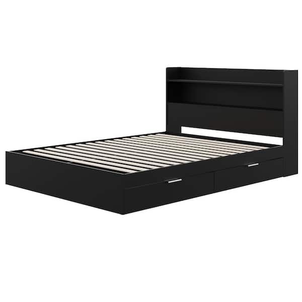 Hunter Black Frame Queen Size 2 Drawer Platform Bed with Bookcase Headboard