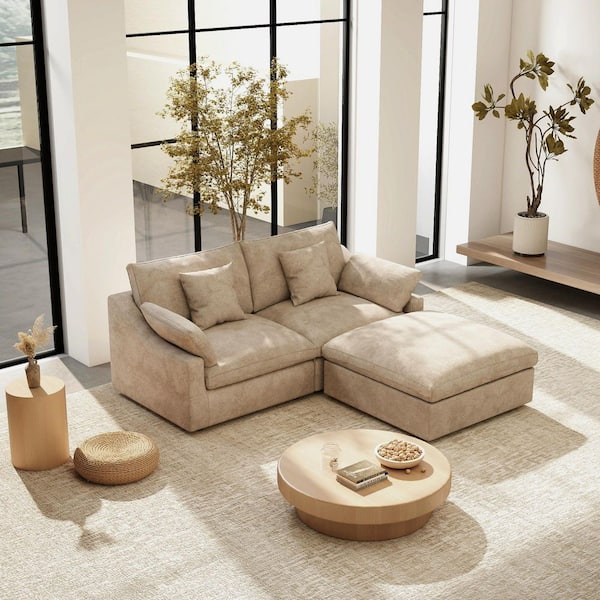 Magic Home 83 in. W Square Arm Linen Upholstered Rectangle 2-Seater Sectional Sofa with Ottoman in. khaki MH-140KH-SF2+1