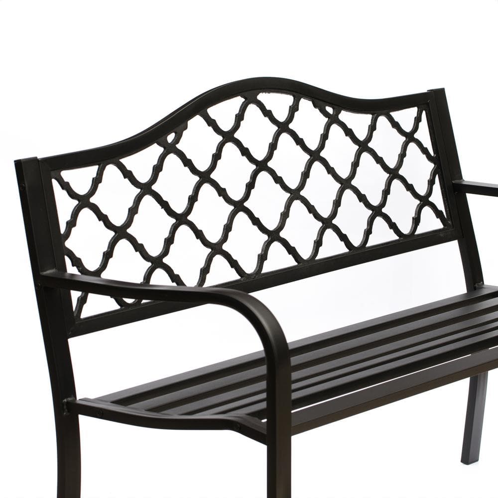 Black Steel and Cast Iron Outdoor Patio Bench