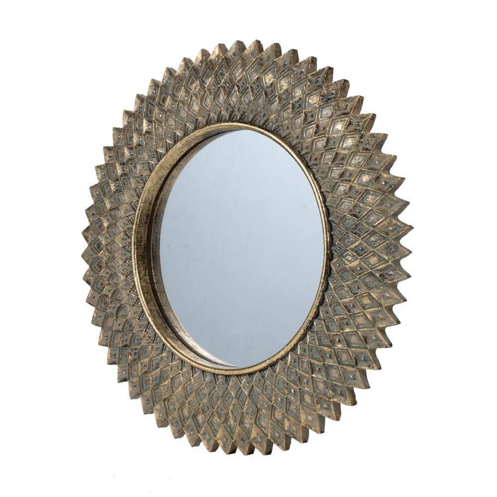 Antique Gold Diamond Pattern Round Wall Mirror 13"