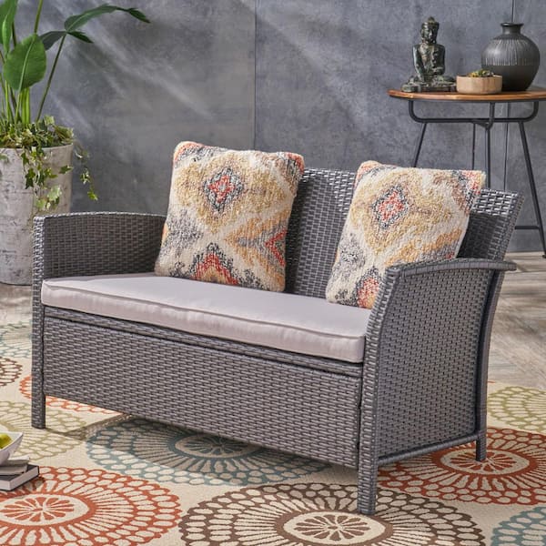 Noble House St. Lucia Gray Wicker Outdoor Patio Loveseat with Silver Cushions