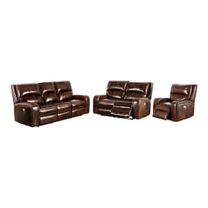 Donforto 3-Piece Medium Brown Top Grain Leather Power Sofa Set