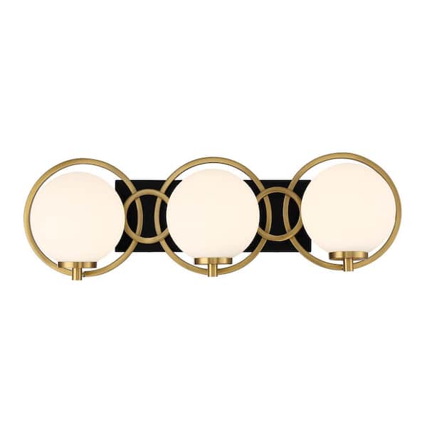 Alhambra 24.5 in. 3-Light Matte Black with Warm Brass Bathroom Vanity Light with Fristed Orb Glass Shades
