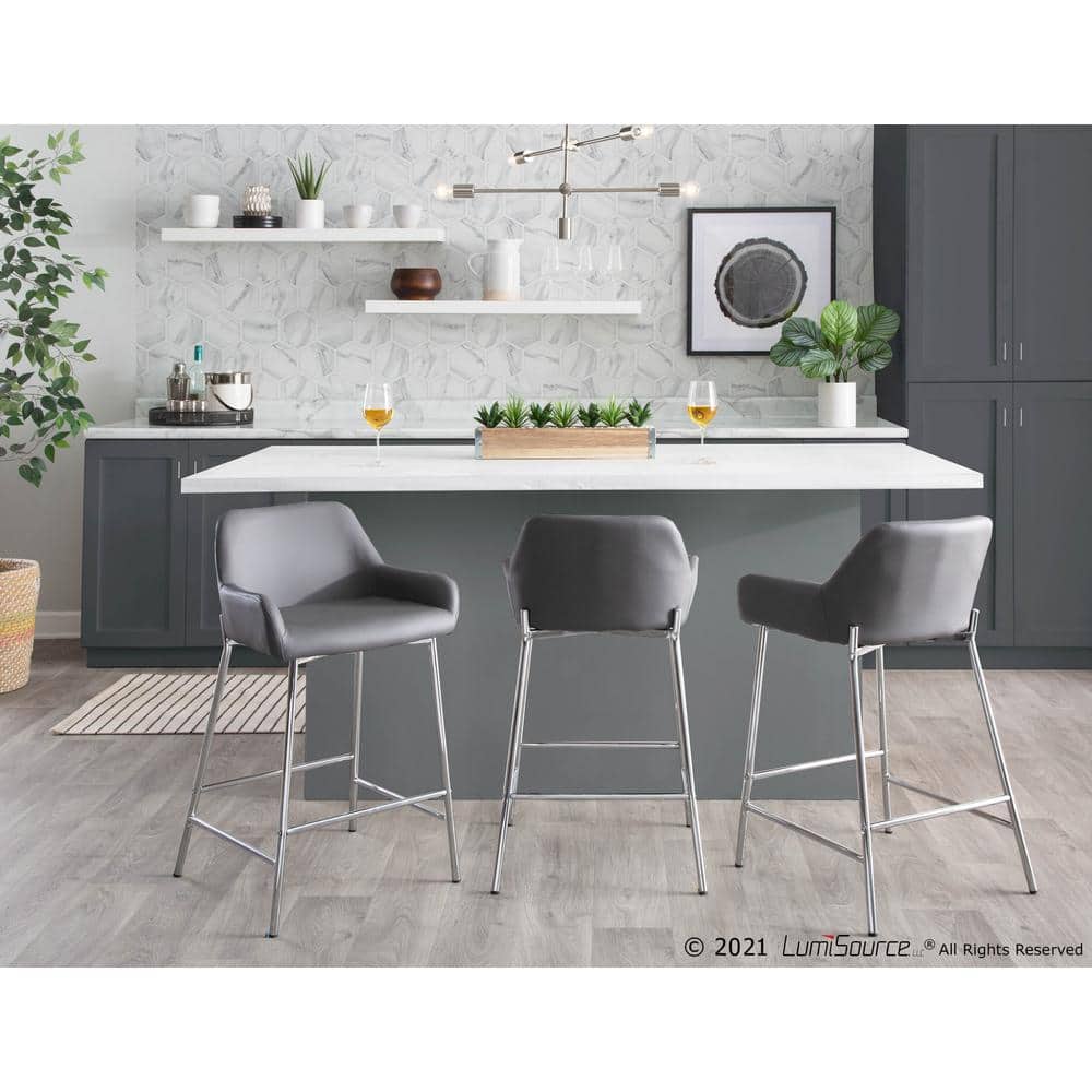 Daniella Chrome Metal and Grey Faux Leather Counter Stool