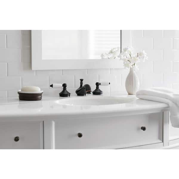 Teapot 8 in. Widespread Double-Handle Low-Arc Bathroom Faucet in Bronze