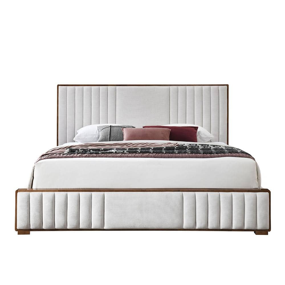 Kaleea Light Gray Chenille and Walnut Queen Bed