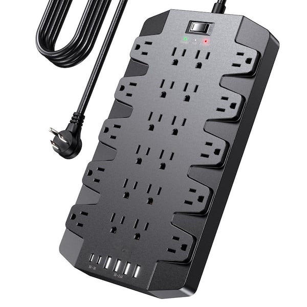 10 ft. Heavy-Duty Extension Cord Surge Protector with 22-Outlets, USB-C and USB-A Ports, Flat Plug for Home Office