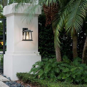 Modern Farmhouse 1-Light Black and Gold Outdoor Wall Lantern Sconce with Clear Glass Shade