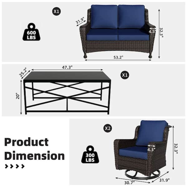 5-Piece Swivel Gliders Wicker Patio Conversation Set with 4 in. Blue Cushions and Coffee Table