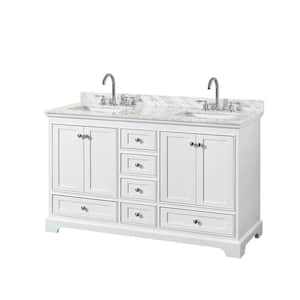 Deborah 60 in. W x 22 in. D Vanity in White with Marble Vanity Top in Carrara White with White Basins