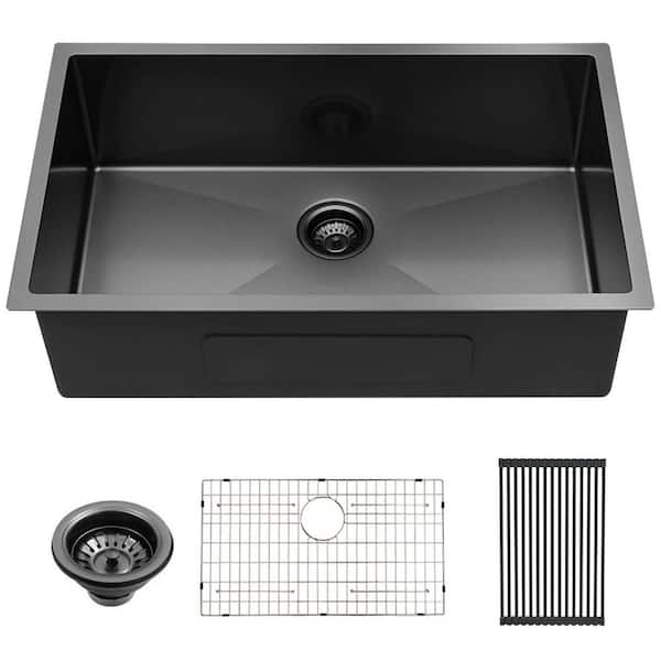 28 in. Drop-In/Undermount Single Bowl 16-Gauge Gunmetal Black Stainless Steel Kitchen Sink with Grid and Drain