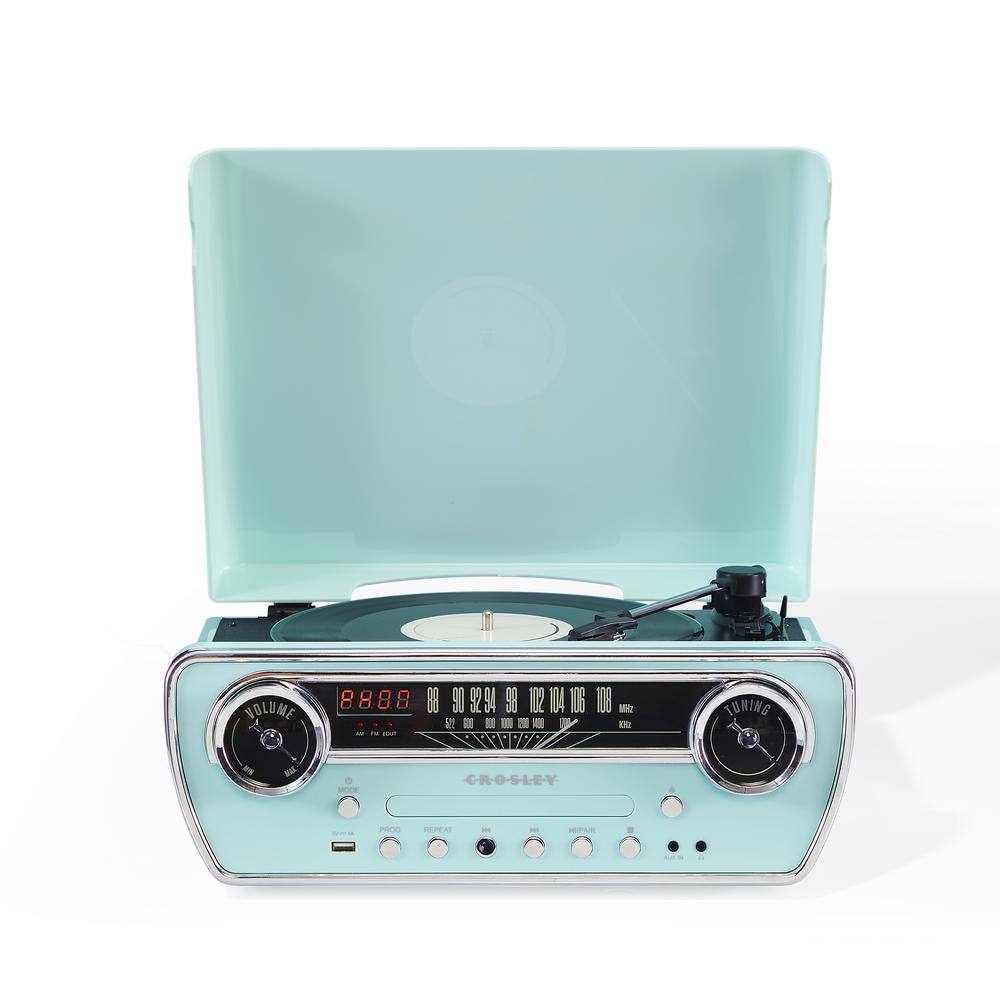 Aqua Blue Retro Style 7-in-1 Record Player with AM/FM Radio
