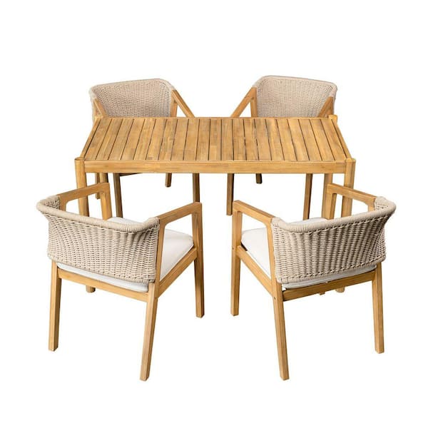 54.75 in. 5-Piece Teak Acacia Wood Outdoor Dining Set with Beige Cushions