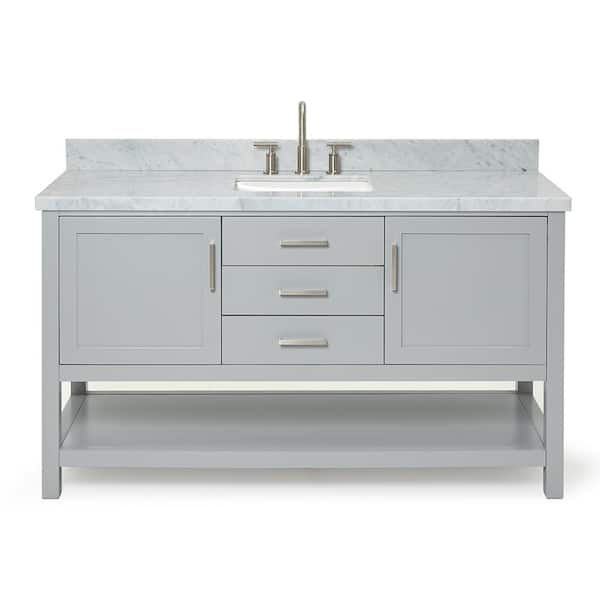 Bayhill 61 in. W x 22 in. D x 36 in. H Bath Vanity in Grey with Carrara White Marble Top