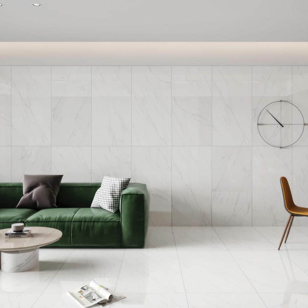 Shandar 24" x 48" White Porcelain Marble Look Rectified Tile