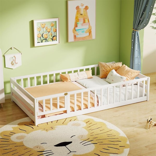 White Twin Size Floor Bed with Door and Fence with Safety Guardrails and Slats Support