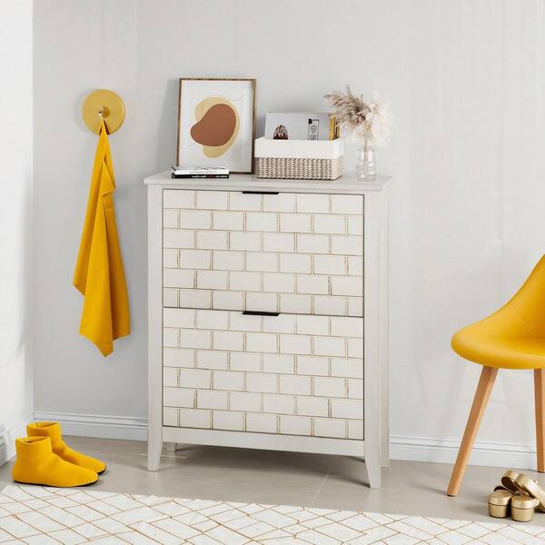 Loveable 38.25 in. H x 31.5 in. W White+Vintage Wood Shoe Storage Cabinet with 2 Flip Drawers, Black Metal Handle