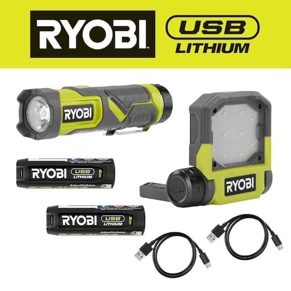 RYOBI USB Lithium 600 Lumen LED Compact Flashlight & 500 Lumen LED Pivoting Flip Light Kit w/ (2) Batteries & Charging Cables