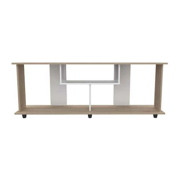 Inval Sand Oak and White TV Stand Entertainment Center Fits TVs Up to 60 to 70 in. with Open Storage