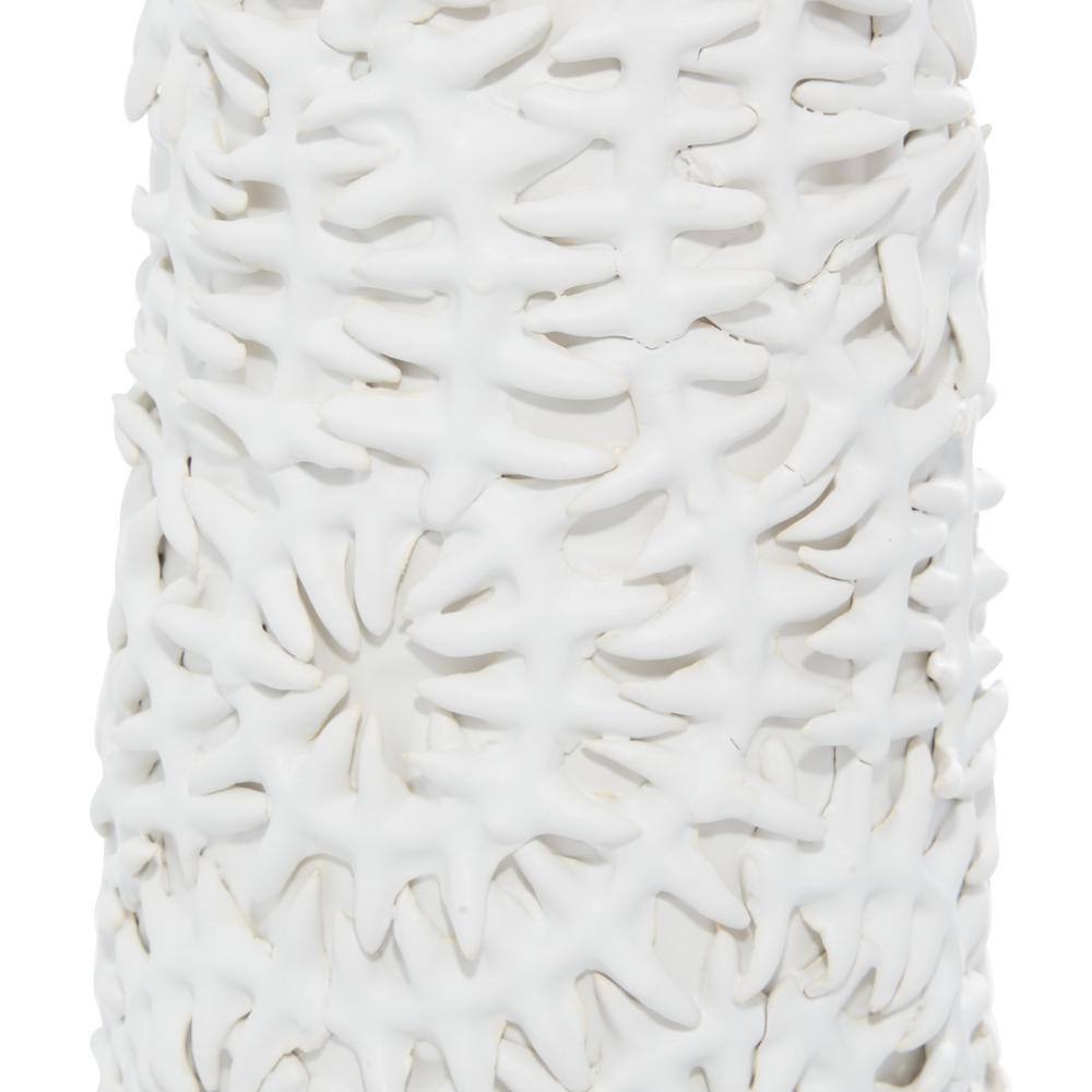 Contemporary Matte White Ceramic Cylinder Vase with Pine Leaf Pattern