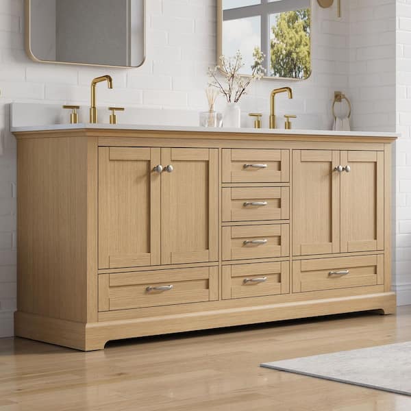 72 in. Solid Wood Freestanding Double Sink Oak Bath Vanity with White Cultured Marble Top, Soft-close Door and Drawer