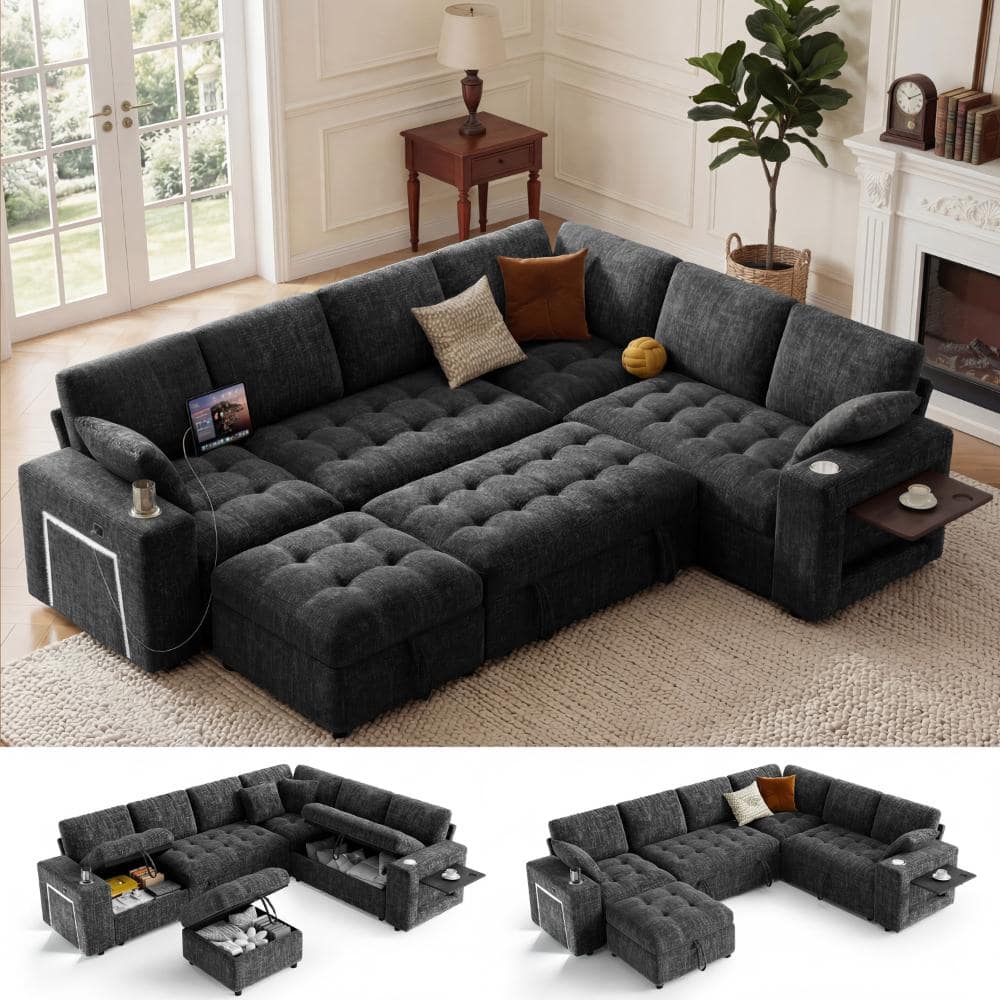 111" U Shaped Modular Sectional Sleeper Sofa with Pull Out Bed,7 Seat Gray Chenille Couch with 2 Pull-Out Beds