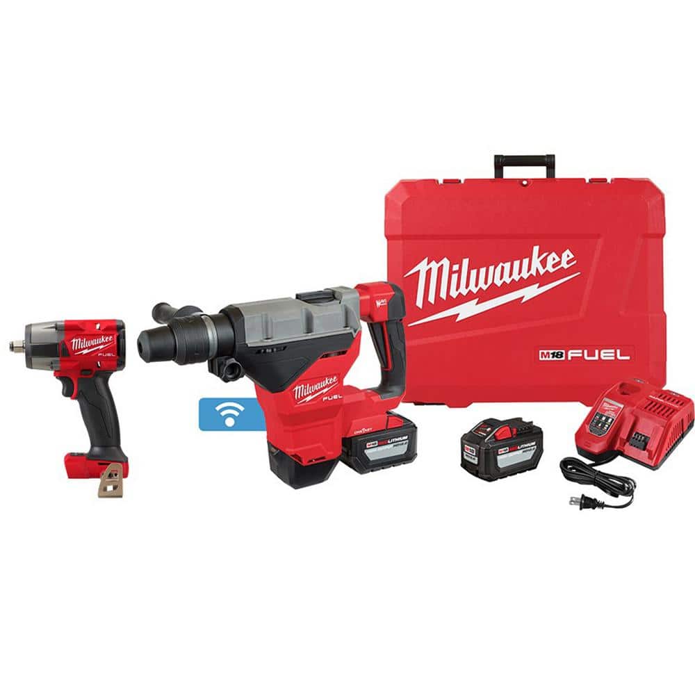 Milwaukee M18 FUEL ONE-KEY 18-Volt Li-Ion Brushless Cordless 1-3/4 in. SDS-MAX Rotary Hammer w/Two 12.0 Ah Batteries/Impact Wrench -  2718-22HD-2962