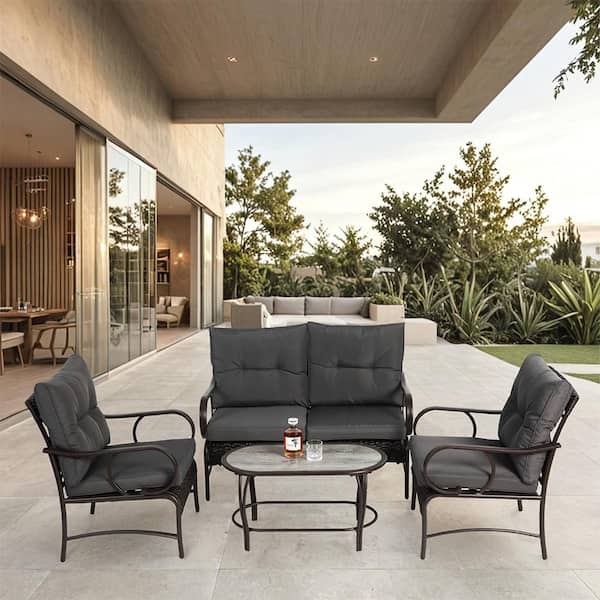 Unbranded 4-Pieces Metal Patio Conversation Set with Gray Cushions-Wicker Rattan Sofa and Chair Set for Porch and Deck