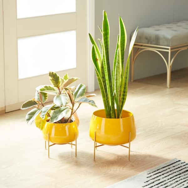 Litton Lane 10 in., and 8 in. Small Yellow Metal Indoor Outdoor Planter with Removable Stand (2- Pack)