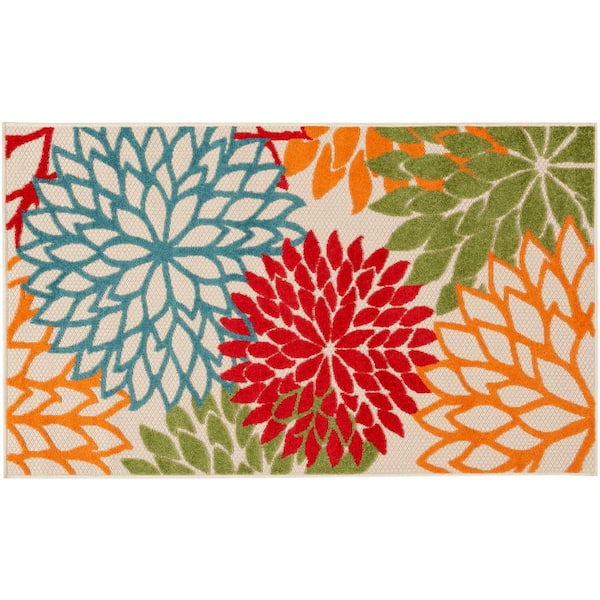 Nourison Aloha Green 3 ft. x 5 ft. Floral Contemporary Indoor/Outdoor Patio Kitchen Area Rug