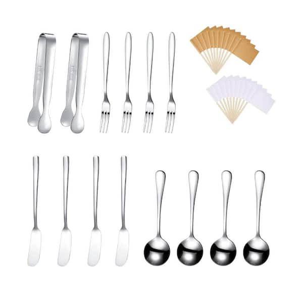 Silver Charcuterie Accessories Set Stainless Steel Spreader Knives Mini Serving Tongs Spoons Forks for Pastry Appetizers