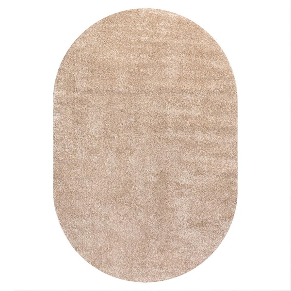 Haze Solid Low-Pile Beige 5 ft. x 8 ft. Oval Area Rug